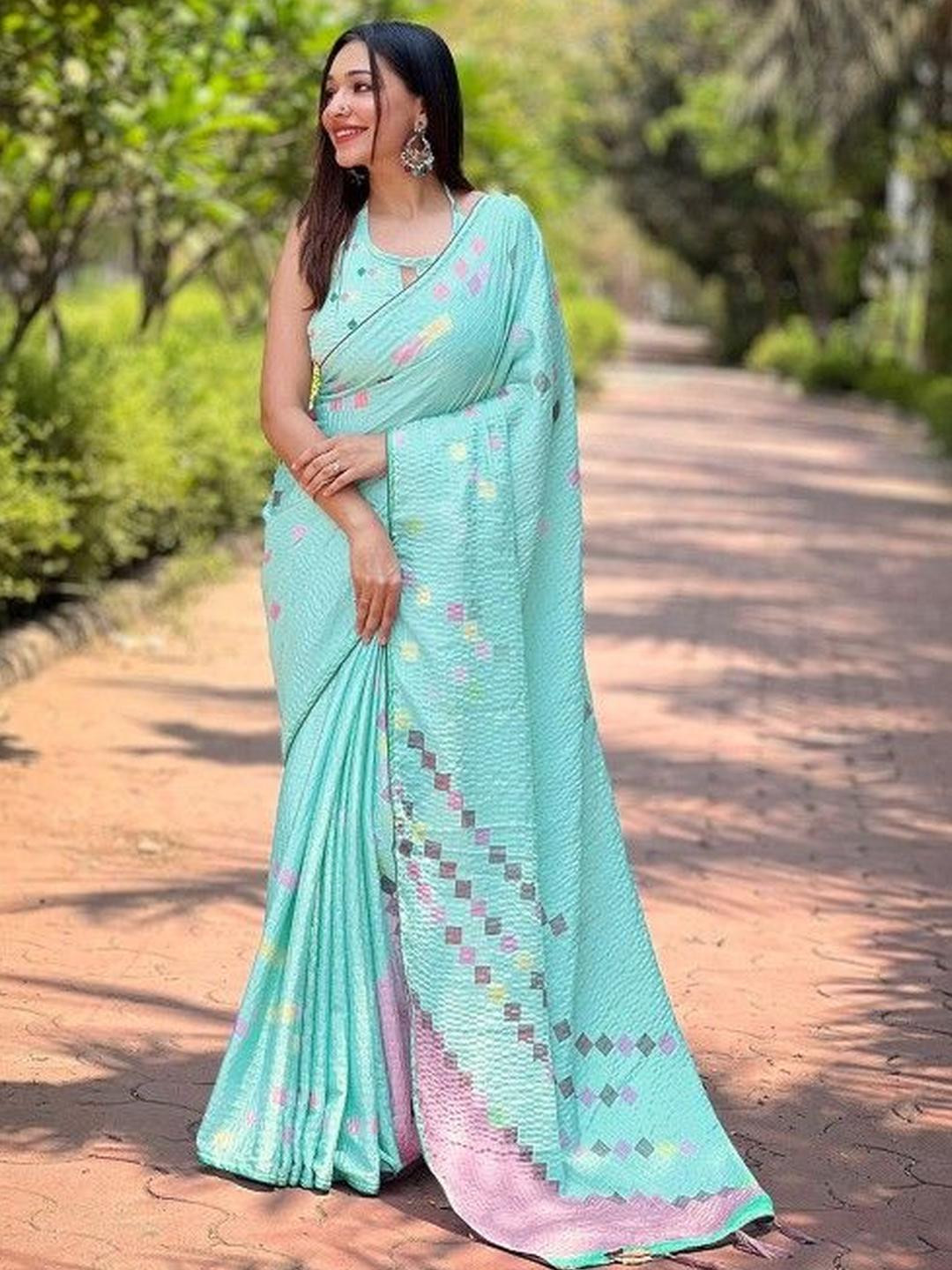 KARAGIRI Blue Satin Crochet Saree With Blouse Piece