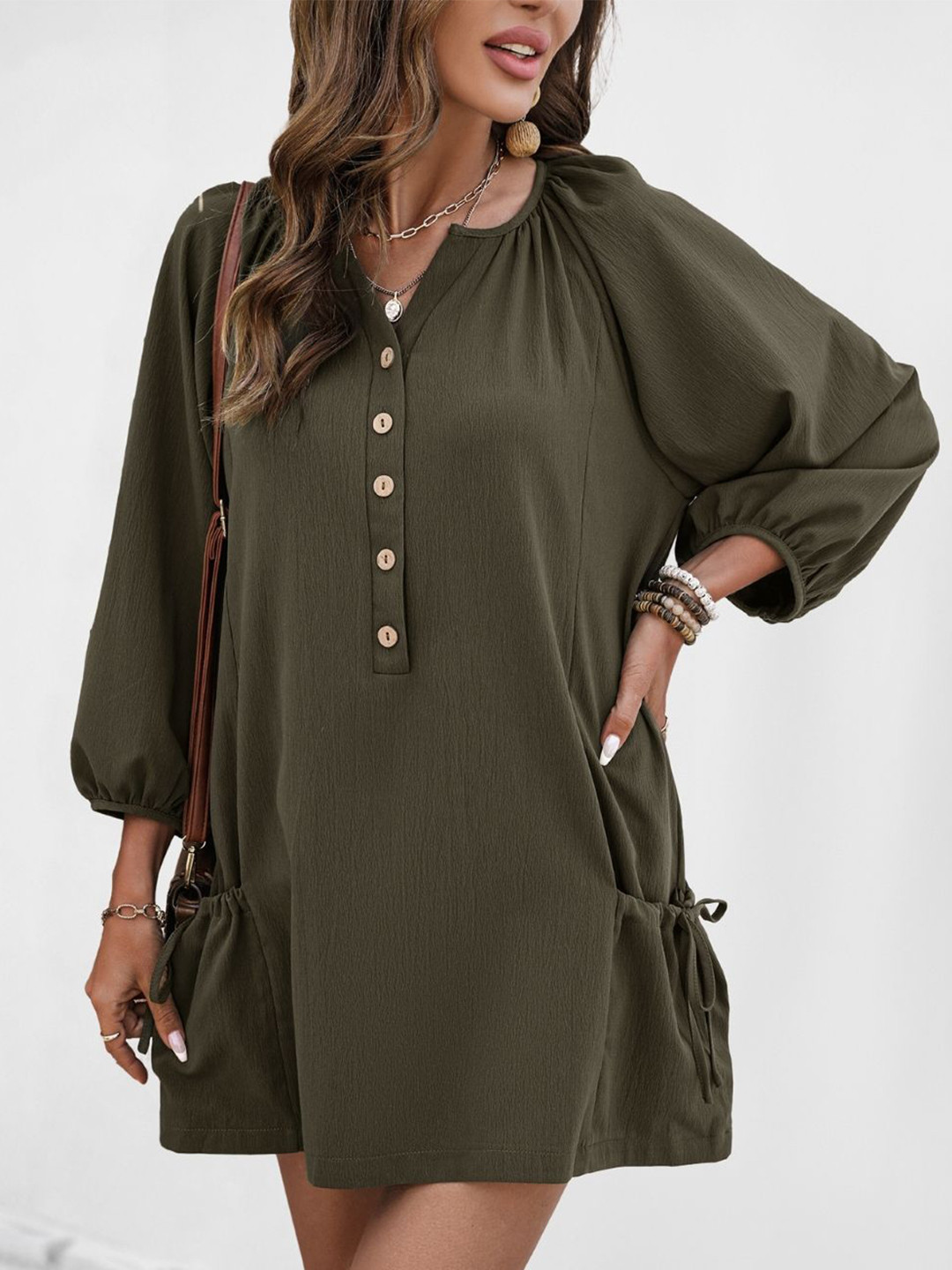 StyleCast Olive Green Puff Sleeve Mini Dress