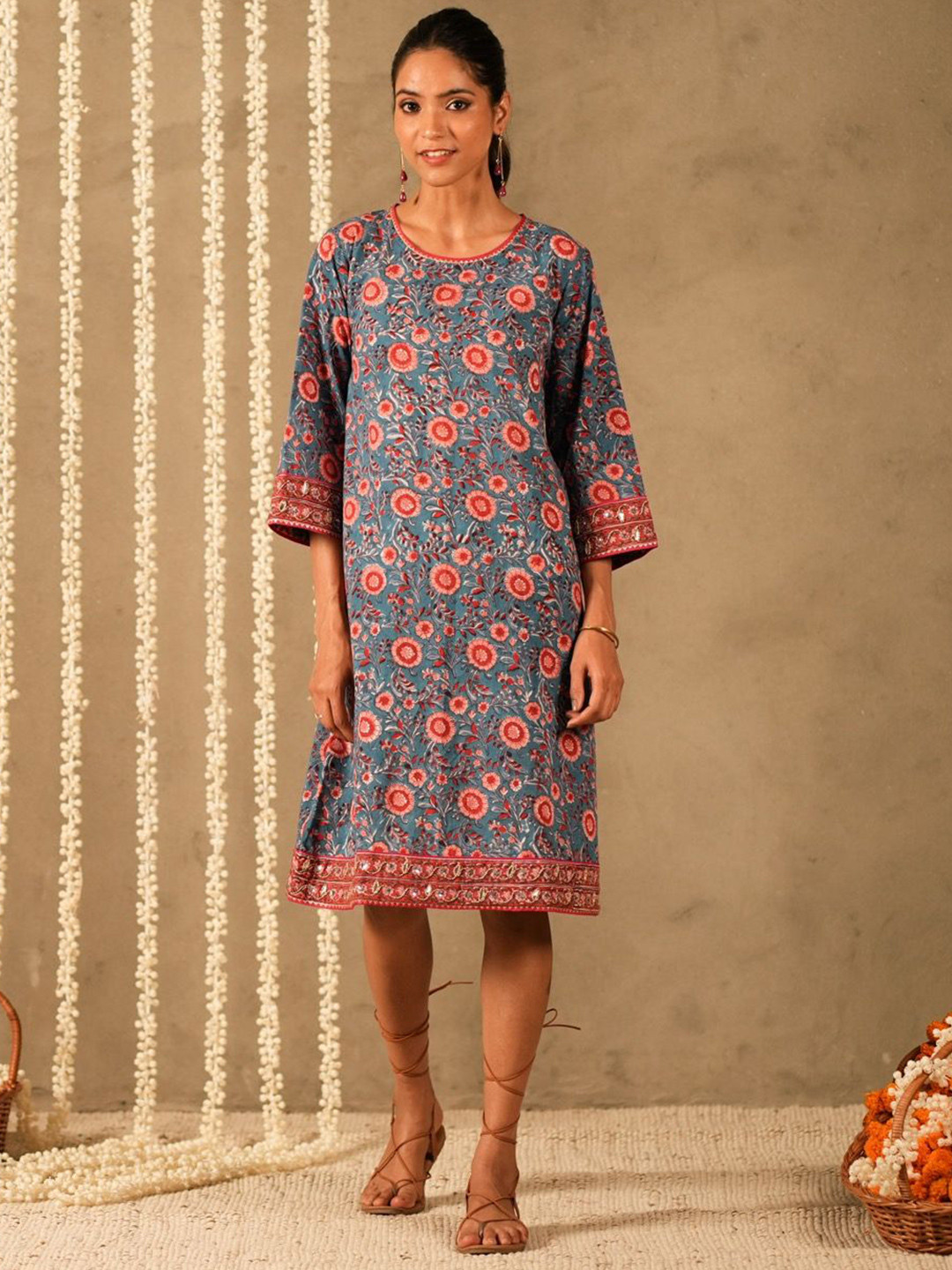 AKISO Sneh Women Blue Floral Printed A line Knee length Dress with 3/4th Sleeves