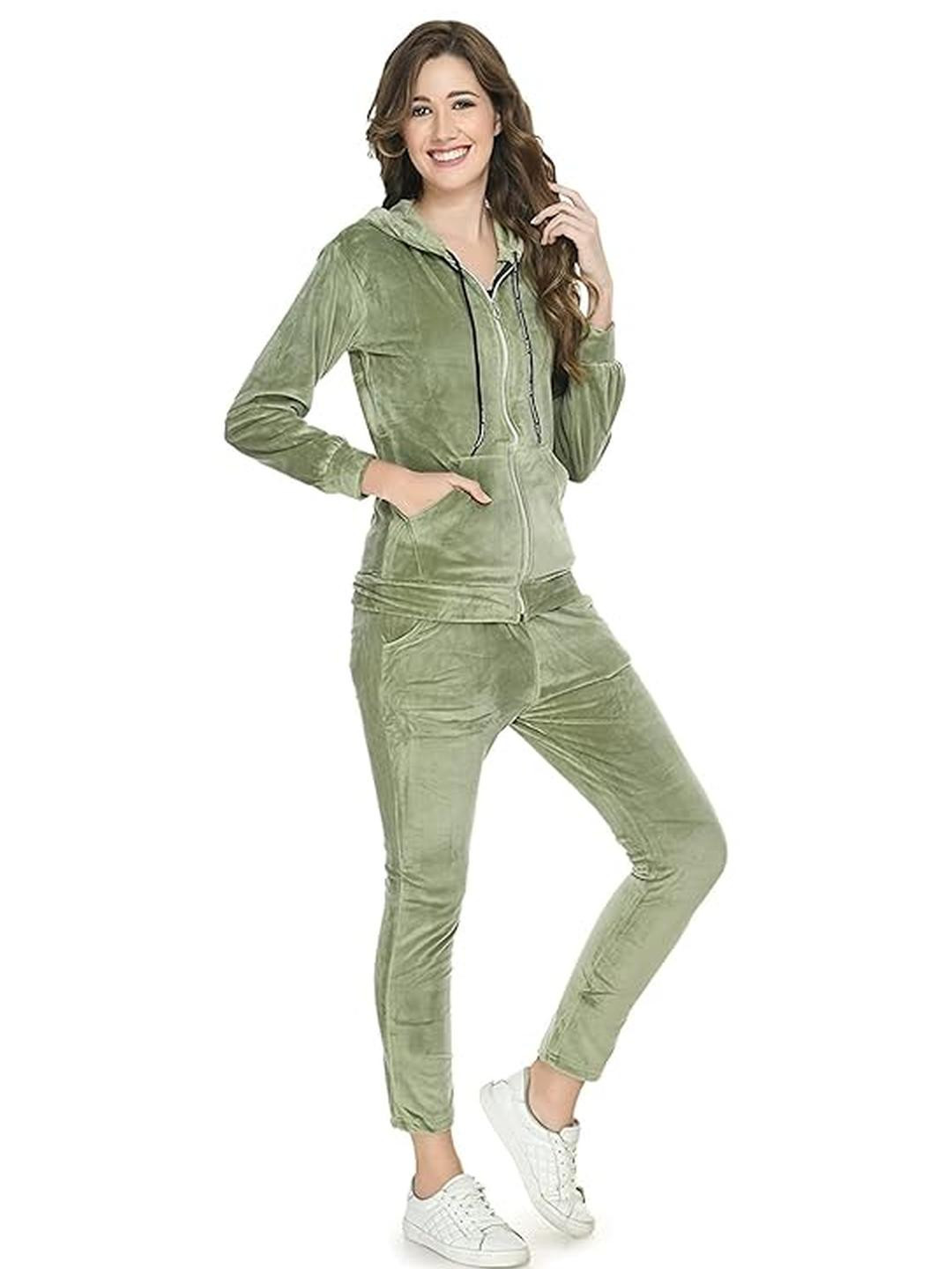 Moda Rapido Women Lime Green Solid Hood With Trousers Tracksuits