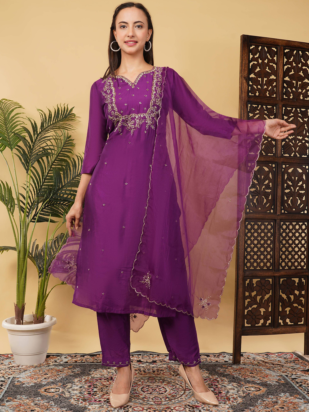 Prisachi Women Embroidered Zardosi work Kurta & Pant with Dupatta