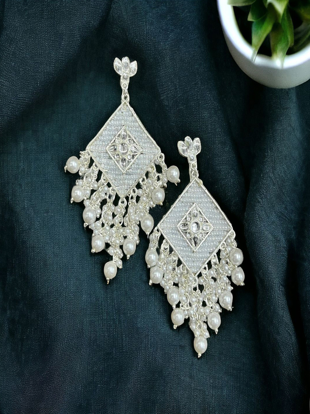 KATION ENTERPRISE Gold Plated Pearls Beaded & Stones Studded Diamond Shaped Drop Earrings