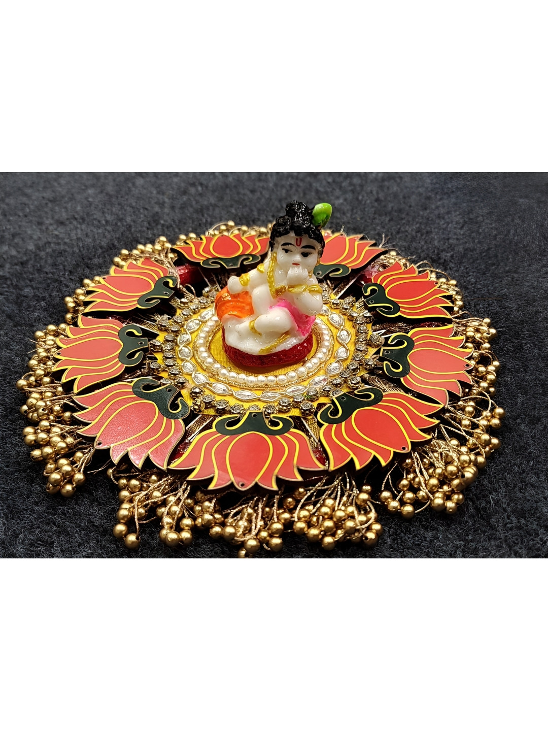 Sellplus Red & Yellow Lotus Decorated Plate With Krishna Ji Idol Rangoli Sticker