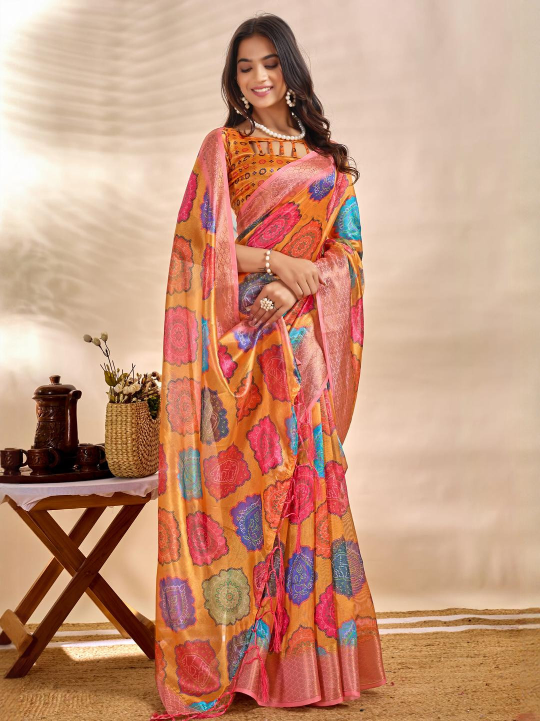 HERE&NOW Orange Printed Art Silk Sarees