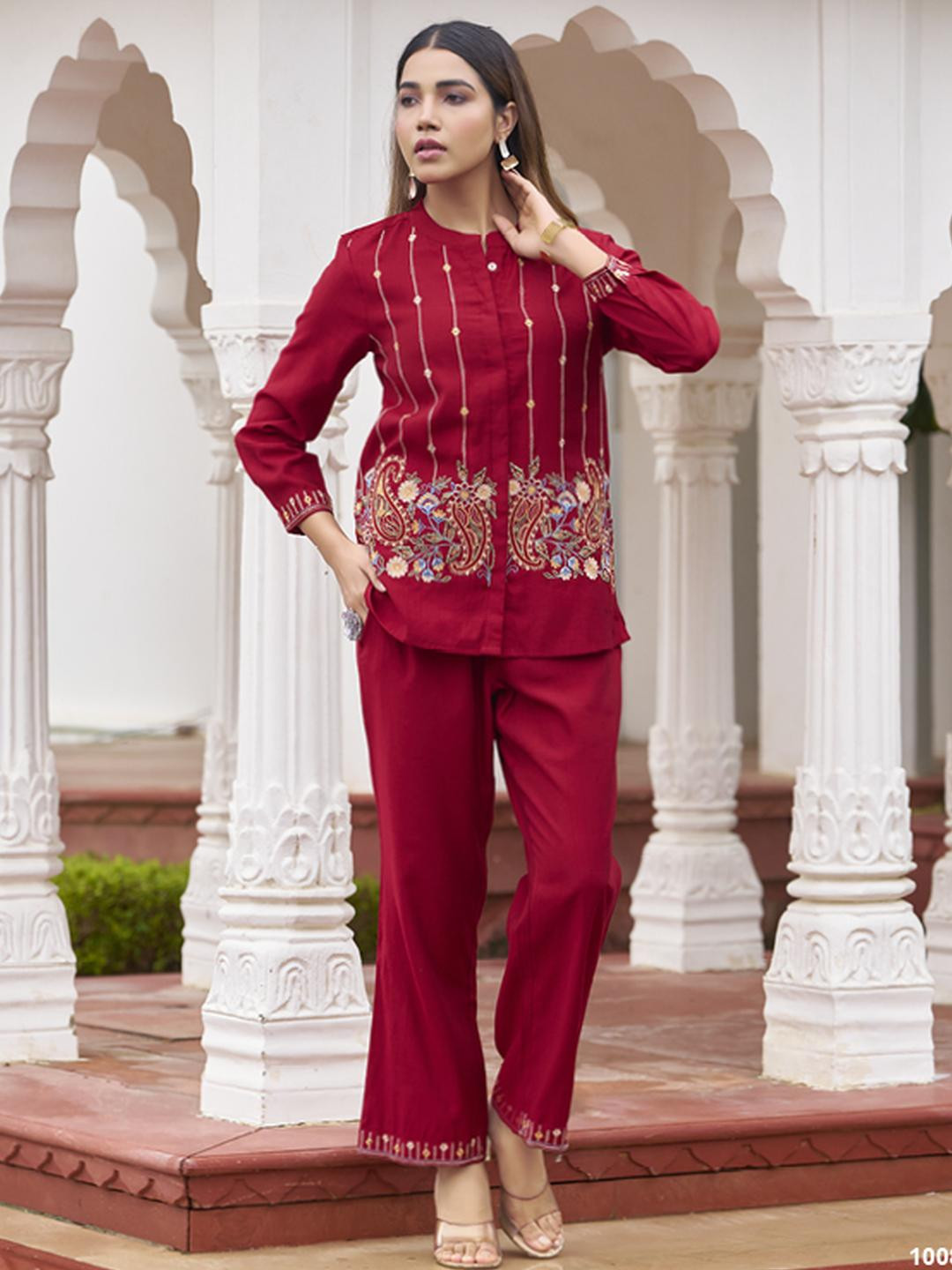 Anouk Women Red Embroidered Shirt & Trousers Co-Ords Set