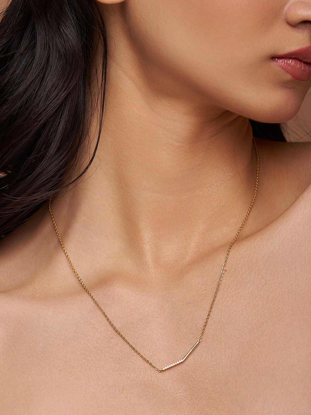 KYMEE 18K Gold Vermeil Diamond Studded Bar Pendant With Chain