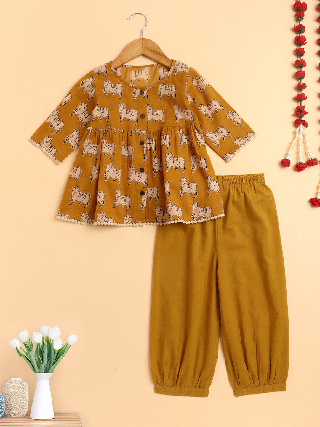 Girls Animal Printed Cotton A-Line Kurta with Pyjamas