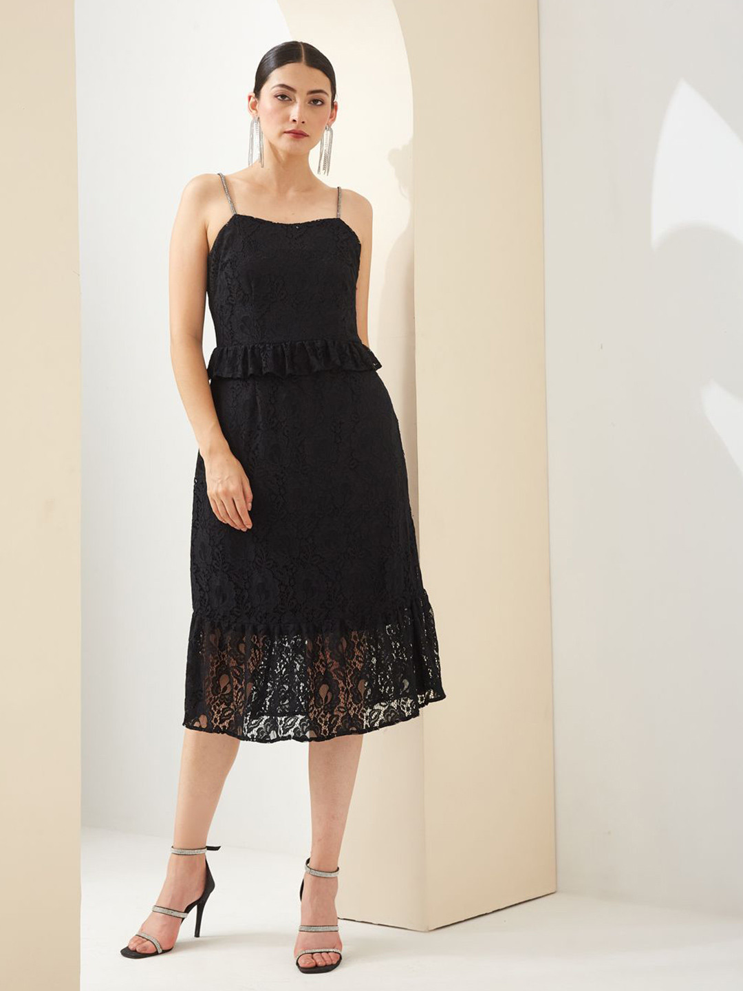 Latin Quarters Women Self Design Soulder Strap Fit & Flare Midi Dress