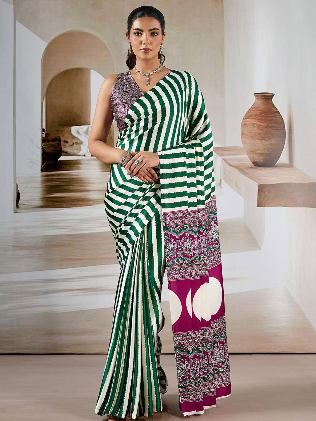 all about you Striped Satin Saree With Unstitched Blouse Piece