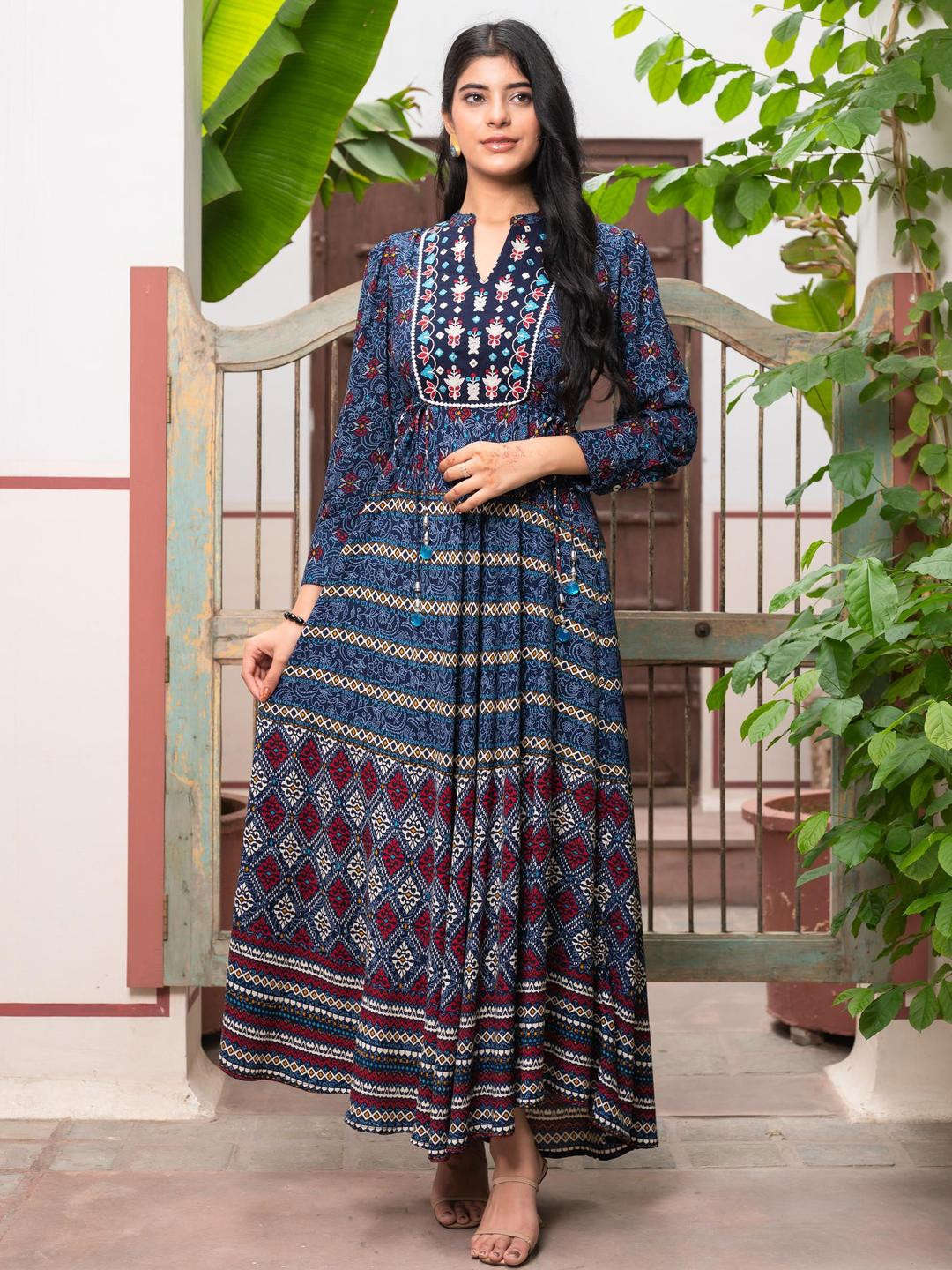 Chandbaali Geometric Printed Mandarin Collar Liva Fit & Flare Indigo Maxi Dress