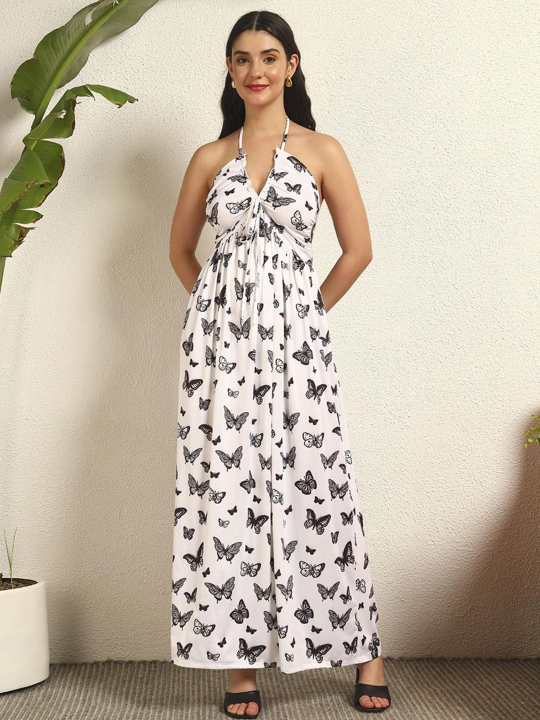 TANDUL Women White and Black Butterfly Printed Halter Neck Maxi Dress