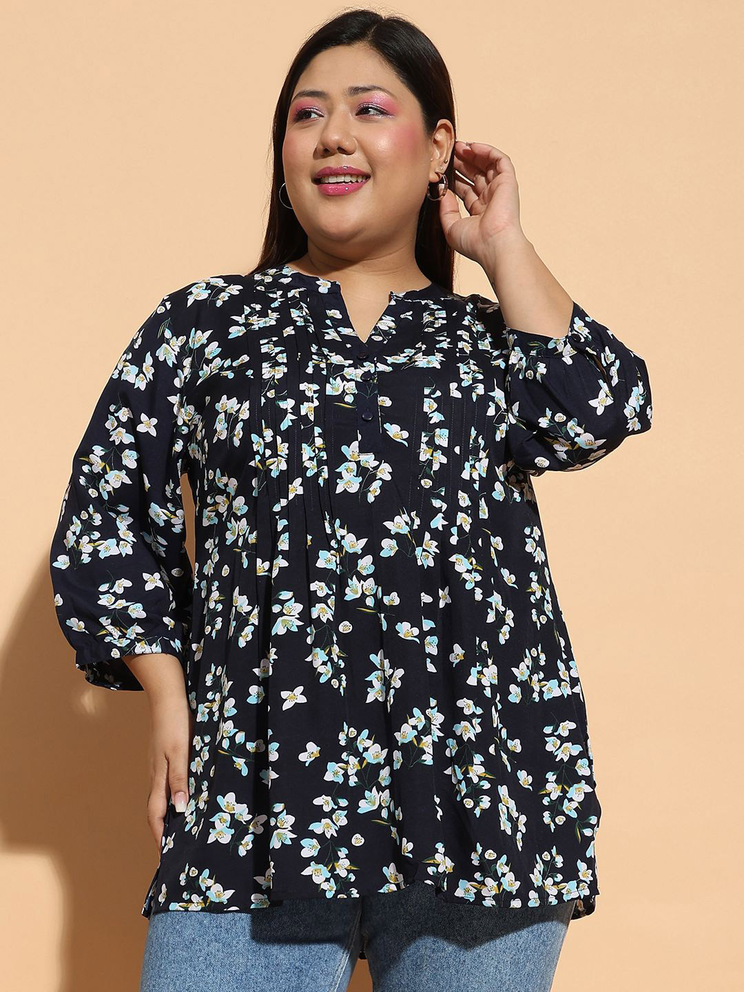 CLOCHOICE Women Floral Print Mandarin Collar Crepe Top