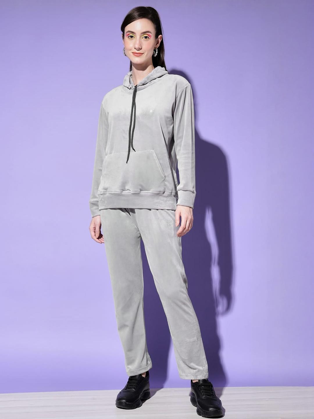 Moda Rapido Women Grey Hood Long Sleeves Casual Winter Track Suit