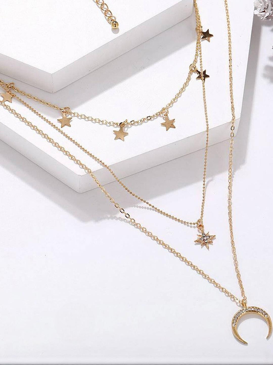DressBerry Women Alloy Gold-Plated Three Layered Moon Studded Star Necklace
