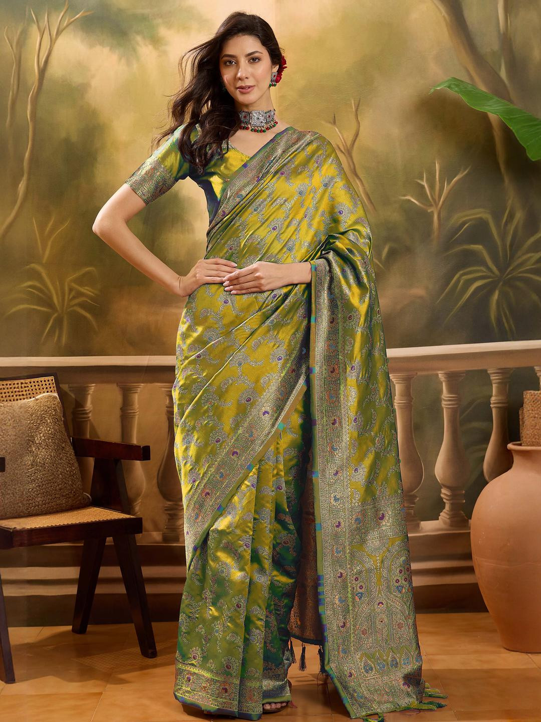 Sangria Lime Green Woven Design Silk Blend Sarees