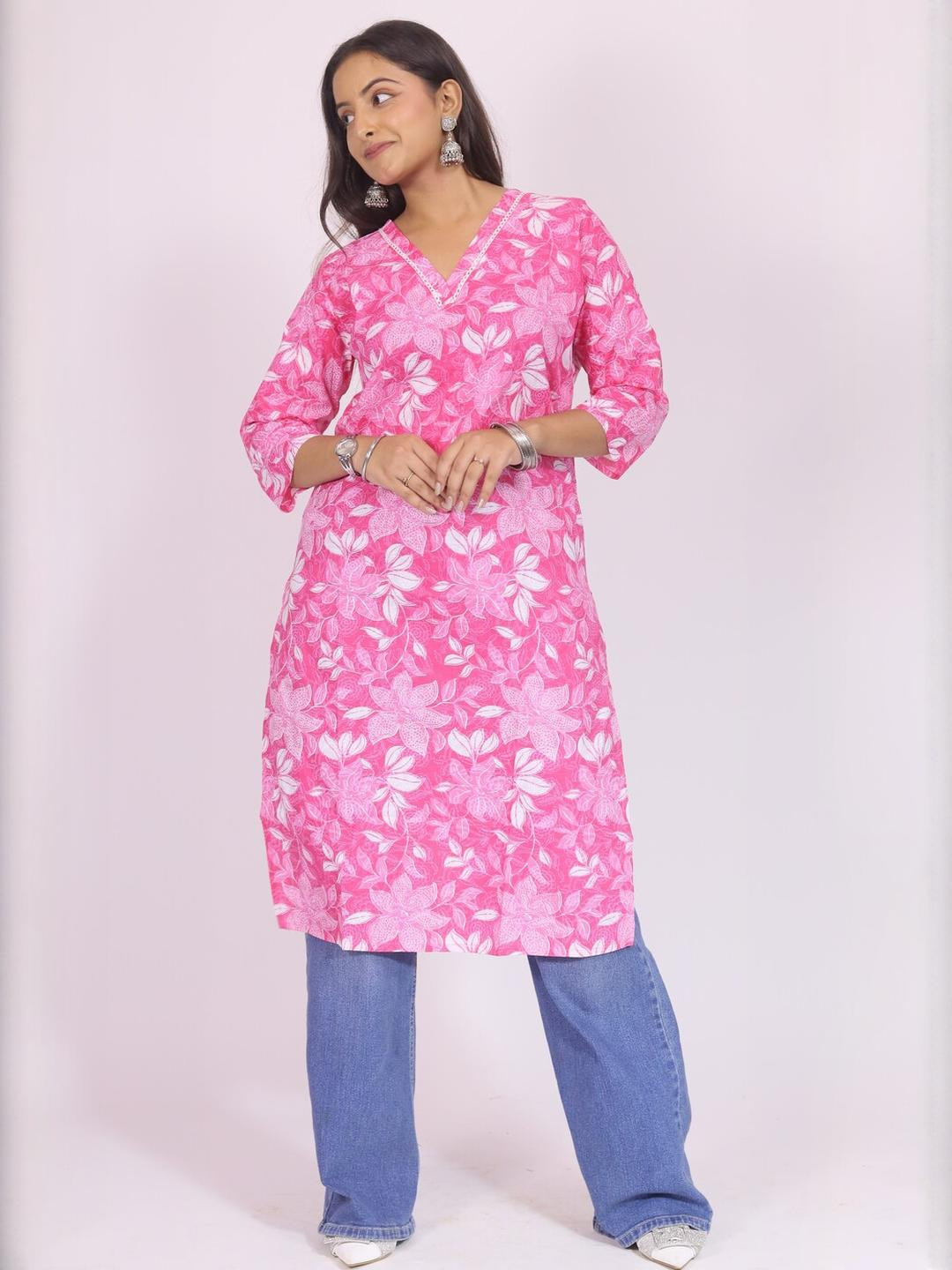 MODFUSE Womens Bright Pink Floral Print Cotton Kurti