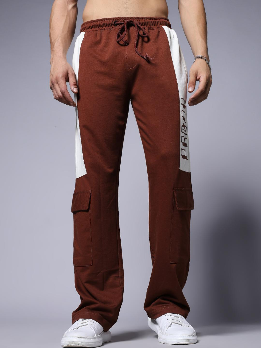 PRONK Men Brown & White Knitted Joggers with Side Panel Print
