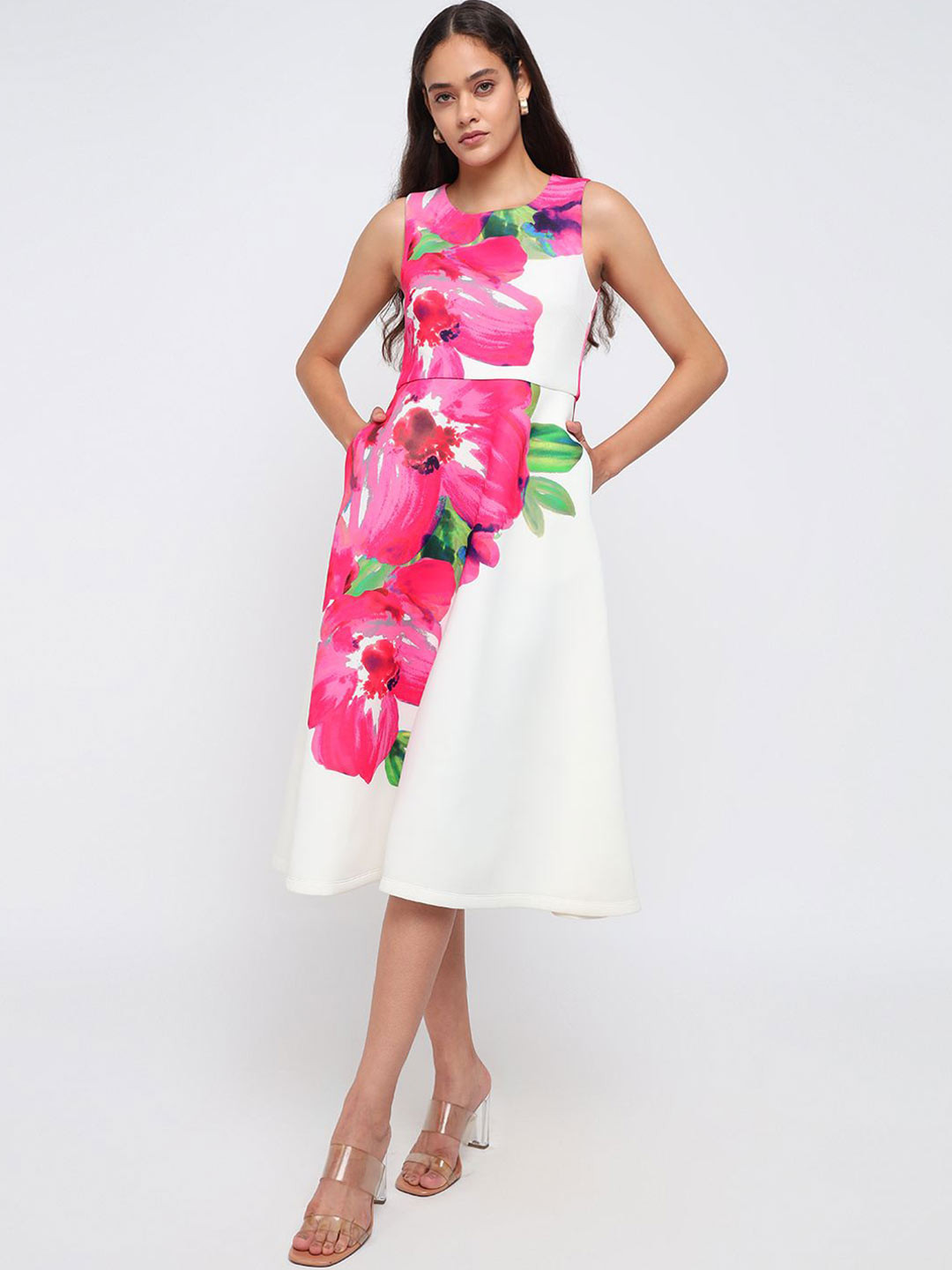 COVER STORY Floral Printed Round Neck Sleeveless Ivory Fit & Flare Midi Dress