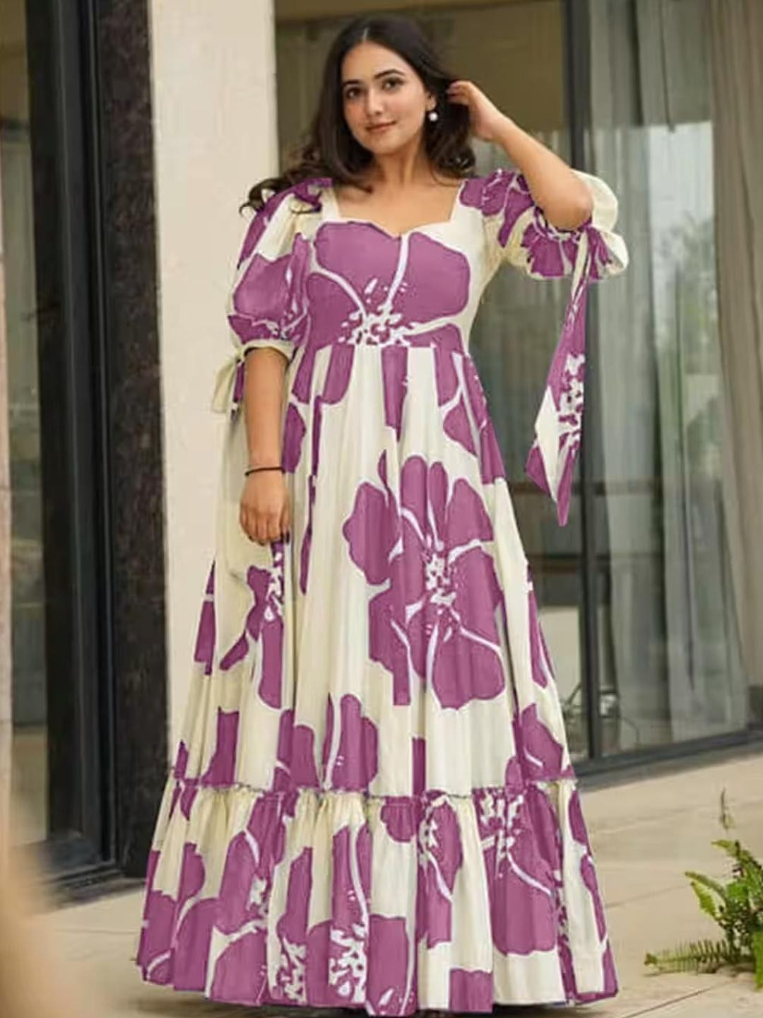 iEthniya Floral Print Sweetheart Neck Ruffles Maxi Dress