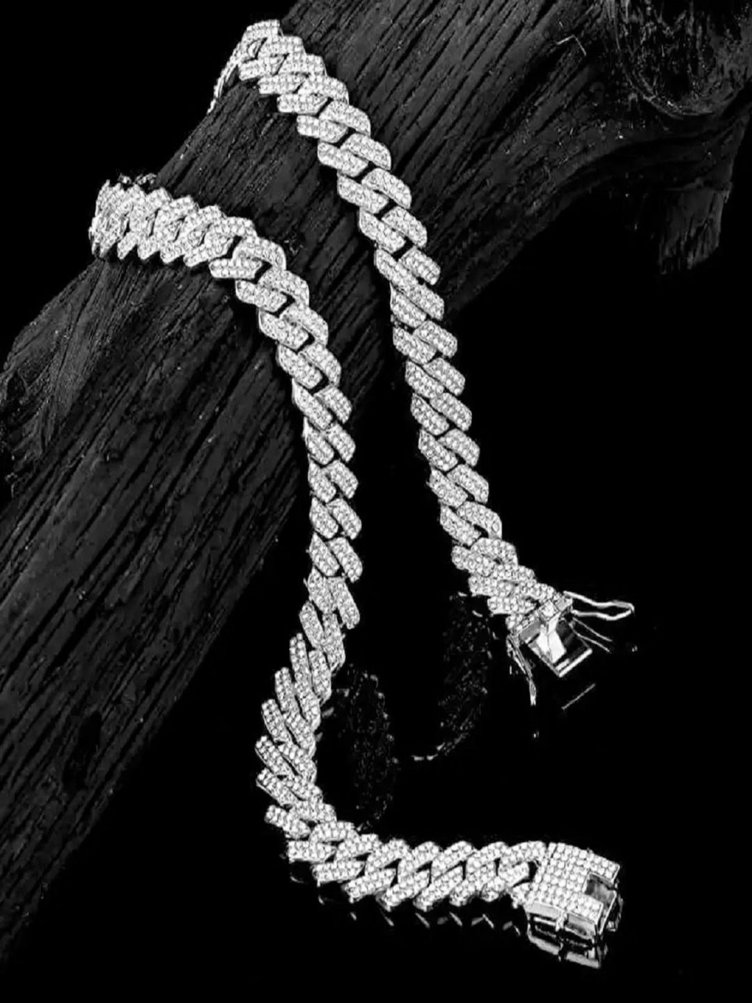 Tustrion Unisex Silver-Plated Cubic Zirconia Studded Minimal Chain