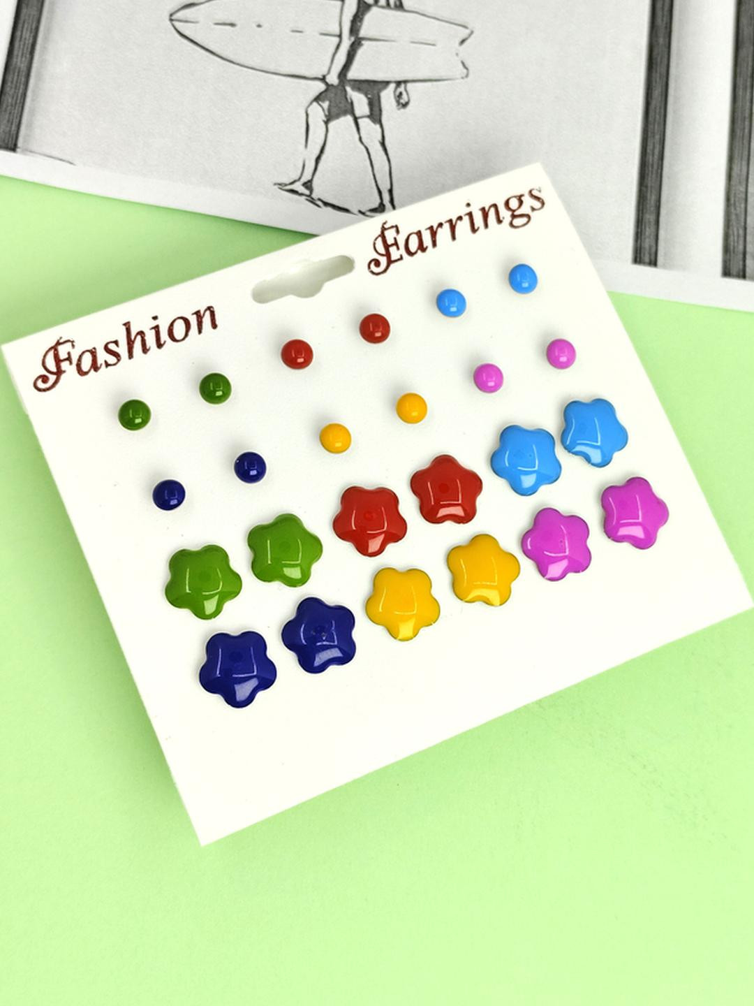 NAVJAI Set of 12 Ball & Flower Stud Earrings