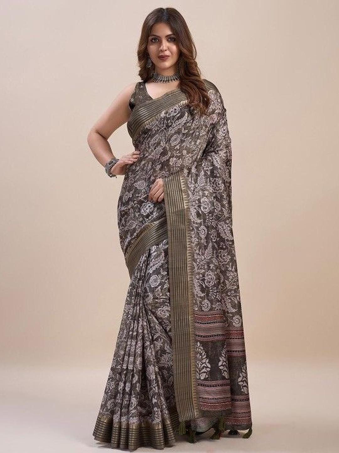 KARAGIRI Brown Pashmina Silk Saree With Blouse Piece