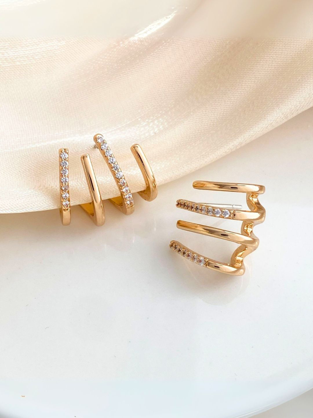 COOLWOOL Gold-Plated Contemporary Shaped Stones Studded Korean Ear Cuffs