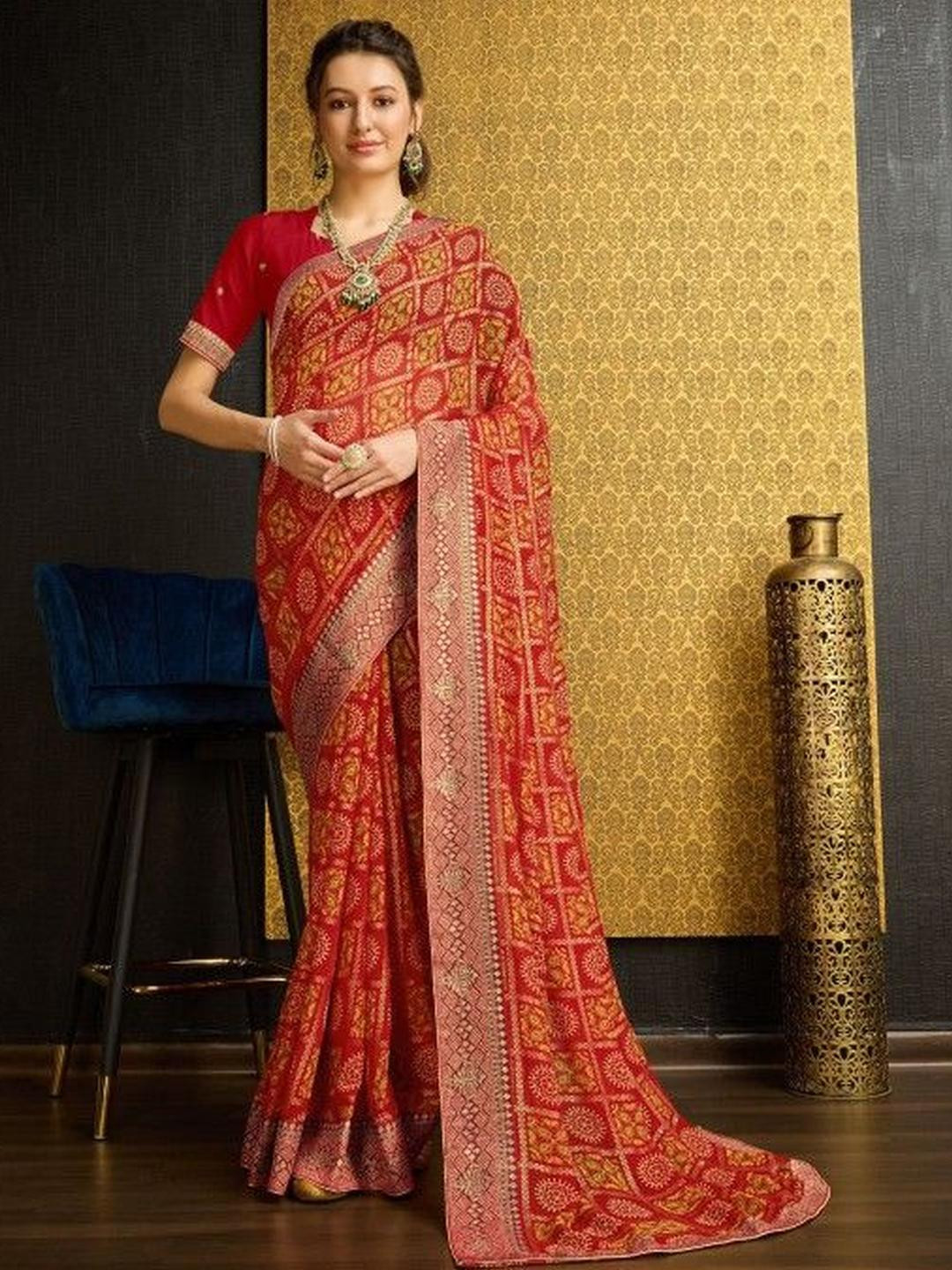 KARAGIRI Red Georgette Daily Wear Saree With Blouse Piece