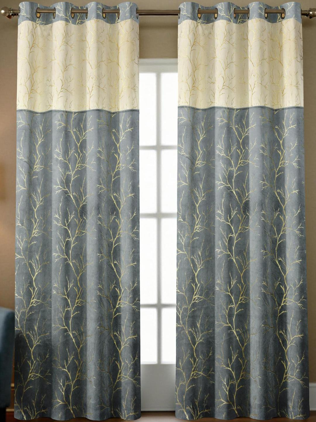 IVAZA Grey & Beige Set of 2 Printed Blackout Window Curtains