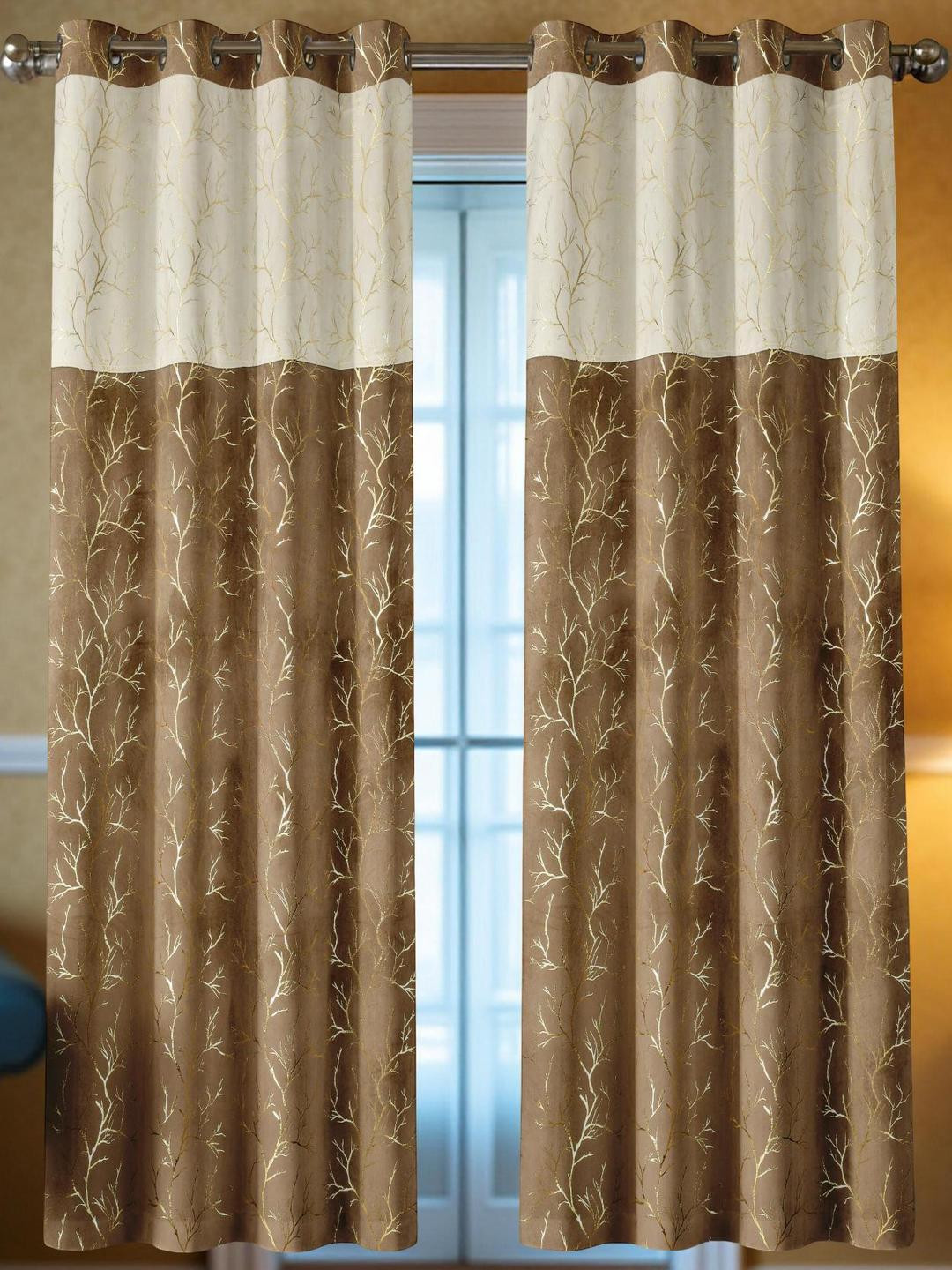 IVAZA Set of 2 Floral Brown & Off White Printed Velvet Door Curtains