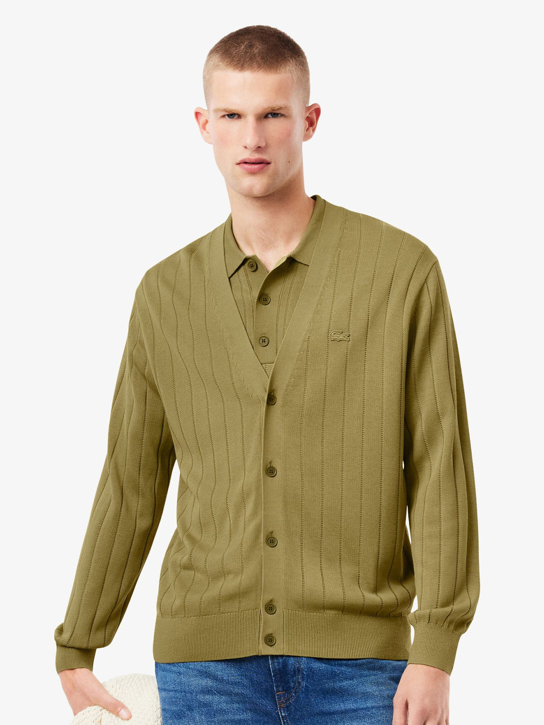 Lacoste Men Ribbed V-Neck Fluid Rib Knit Cardigan