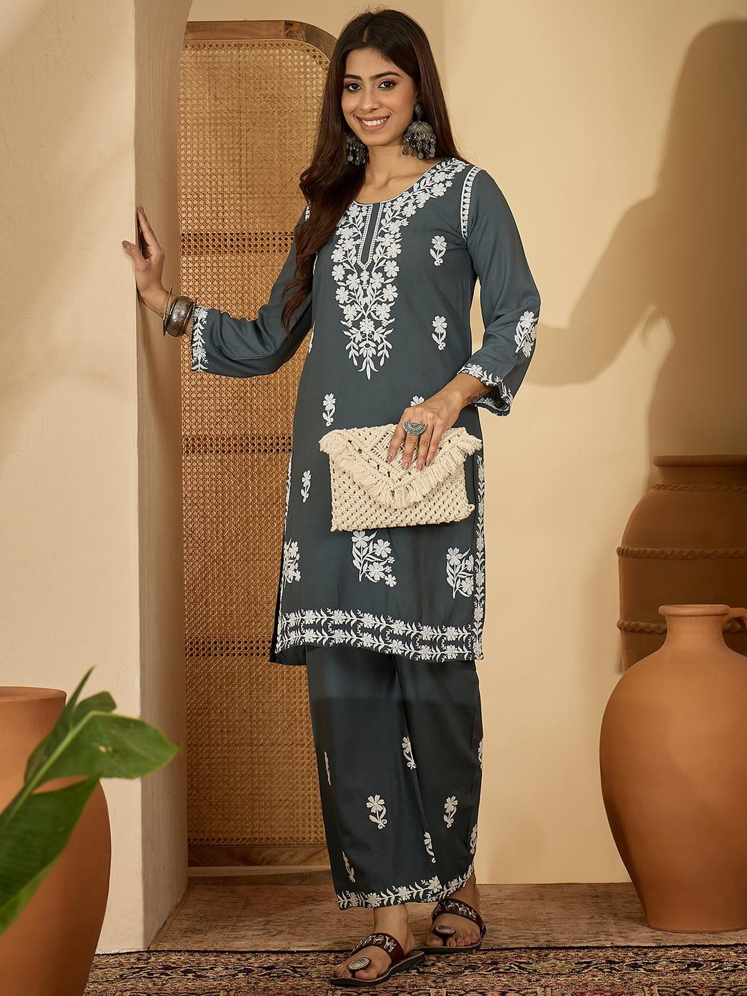 Sangria Grey Rayon White Embroidered Tunic with Palazzo Cord sets
