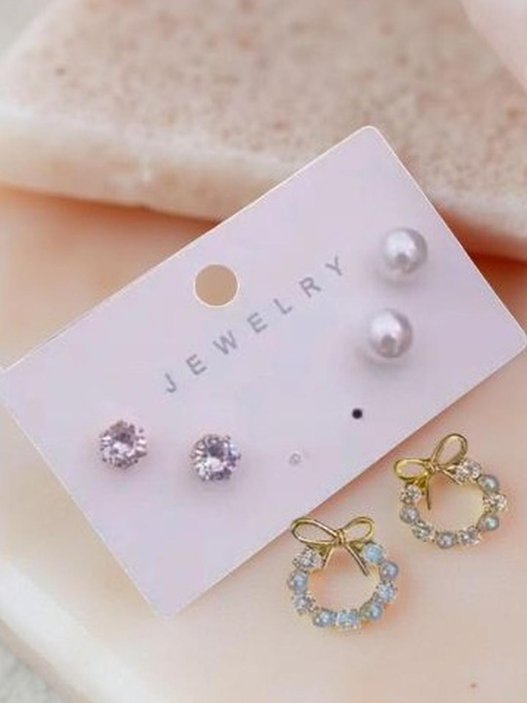 Honbon Women Set of 3 White Pairs Korean Pearl & Wreath Earring Studs