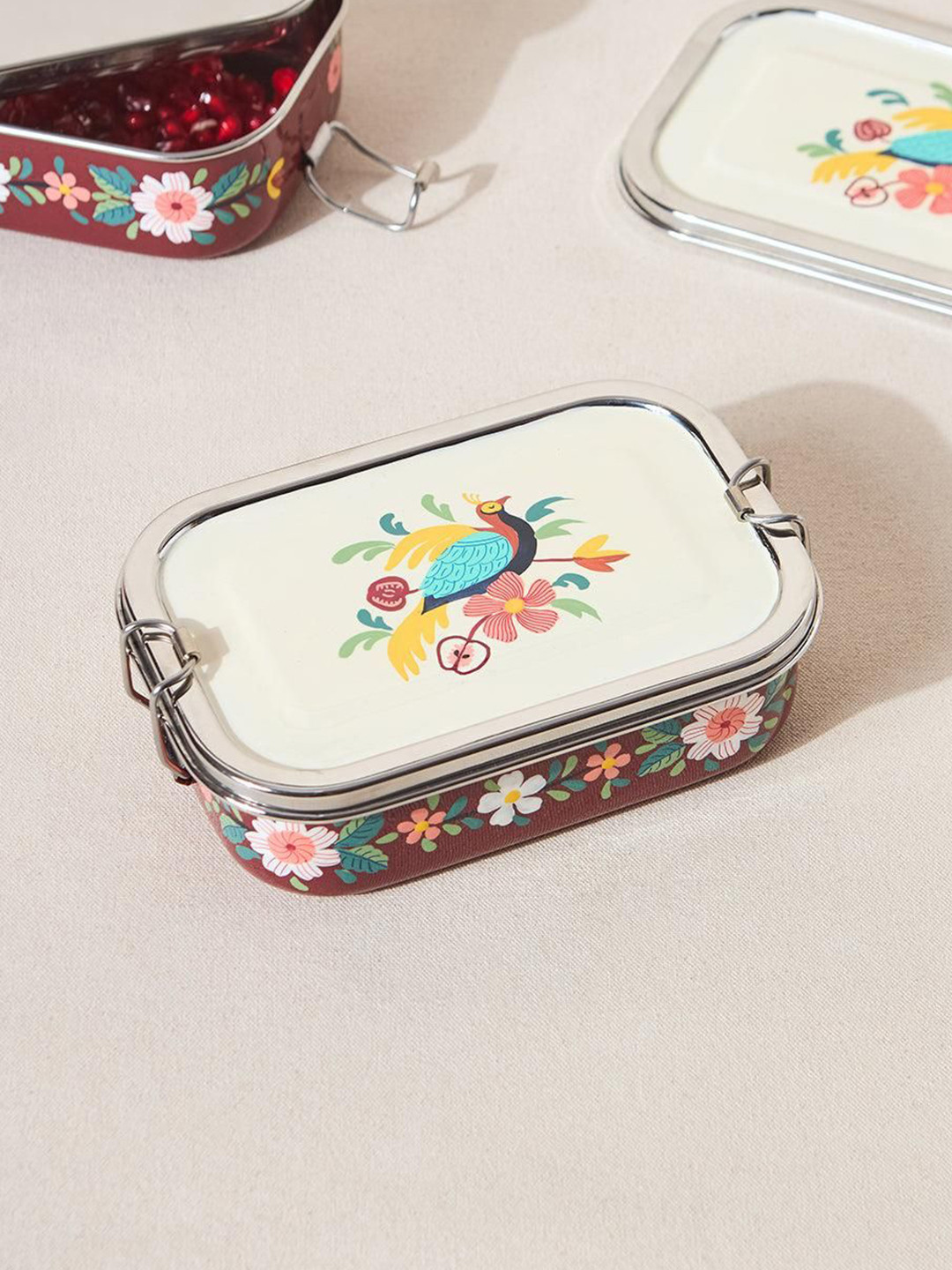 Chumbak Monal Off White & Maroon Floral Printed Rectangular Lunch Box-650ml
