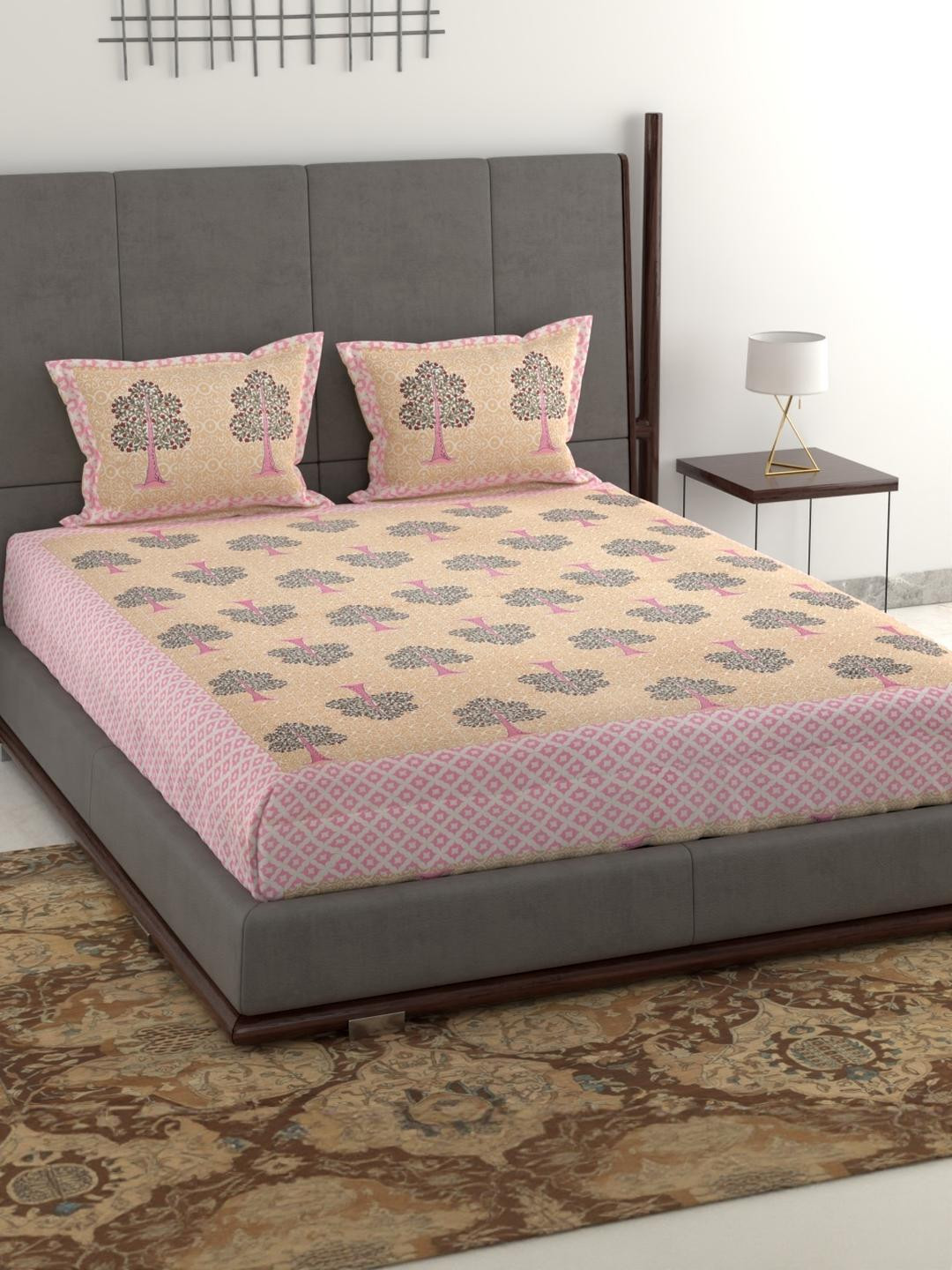 Anadhika Yellow Floral Printed Cotton 220 TC King Size Bedsheet with 2 Pillow Covers
