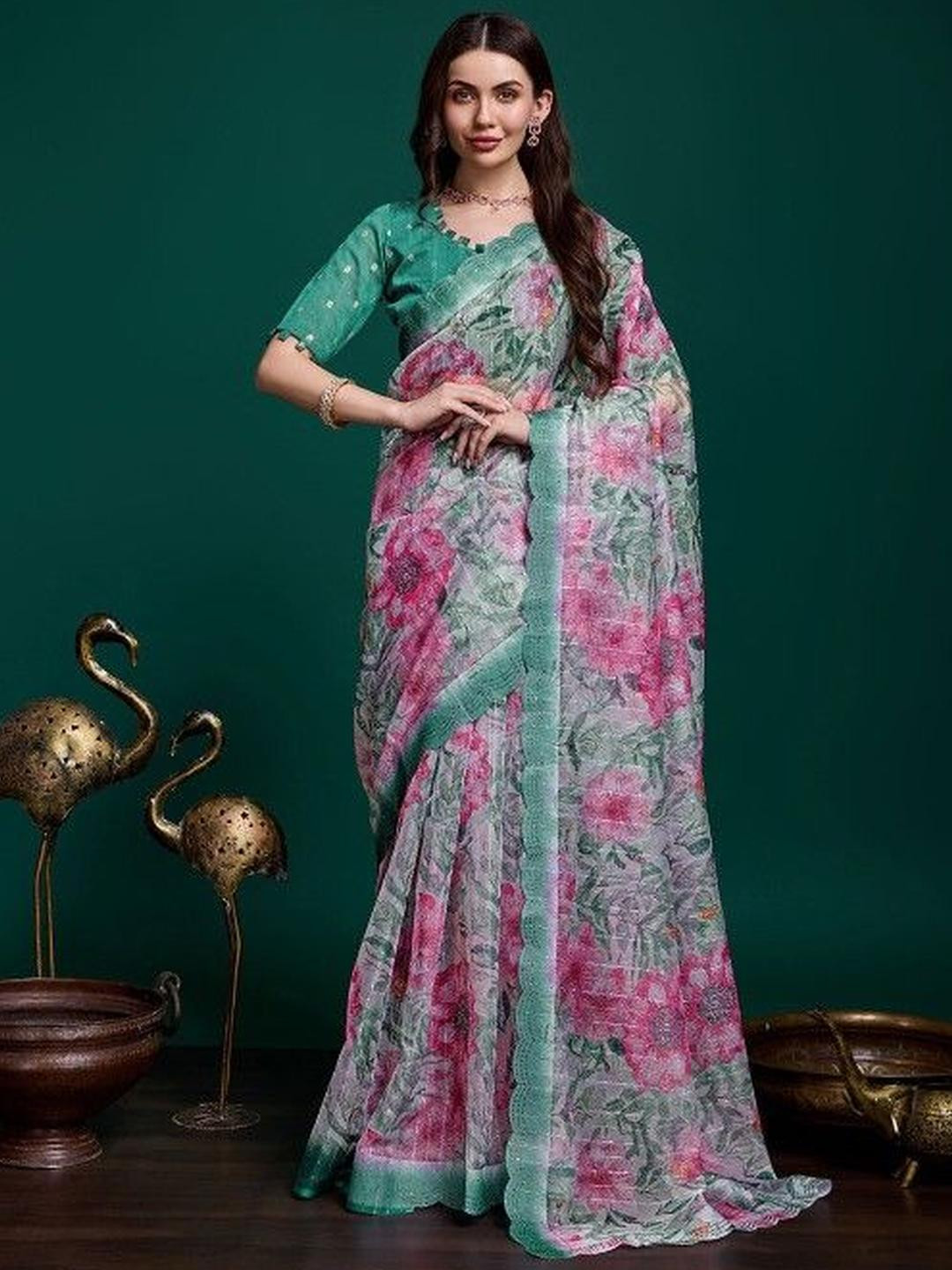 KARAGIRI Floral Printed Organza Silk Saree With Blouse Piece