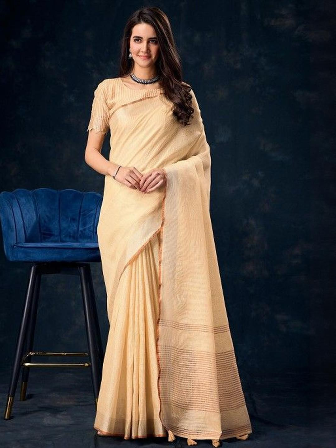 KARAGIRI Beige Tissue Linen Saree With Blouse Piece