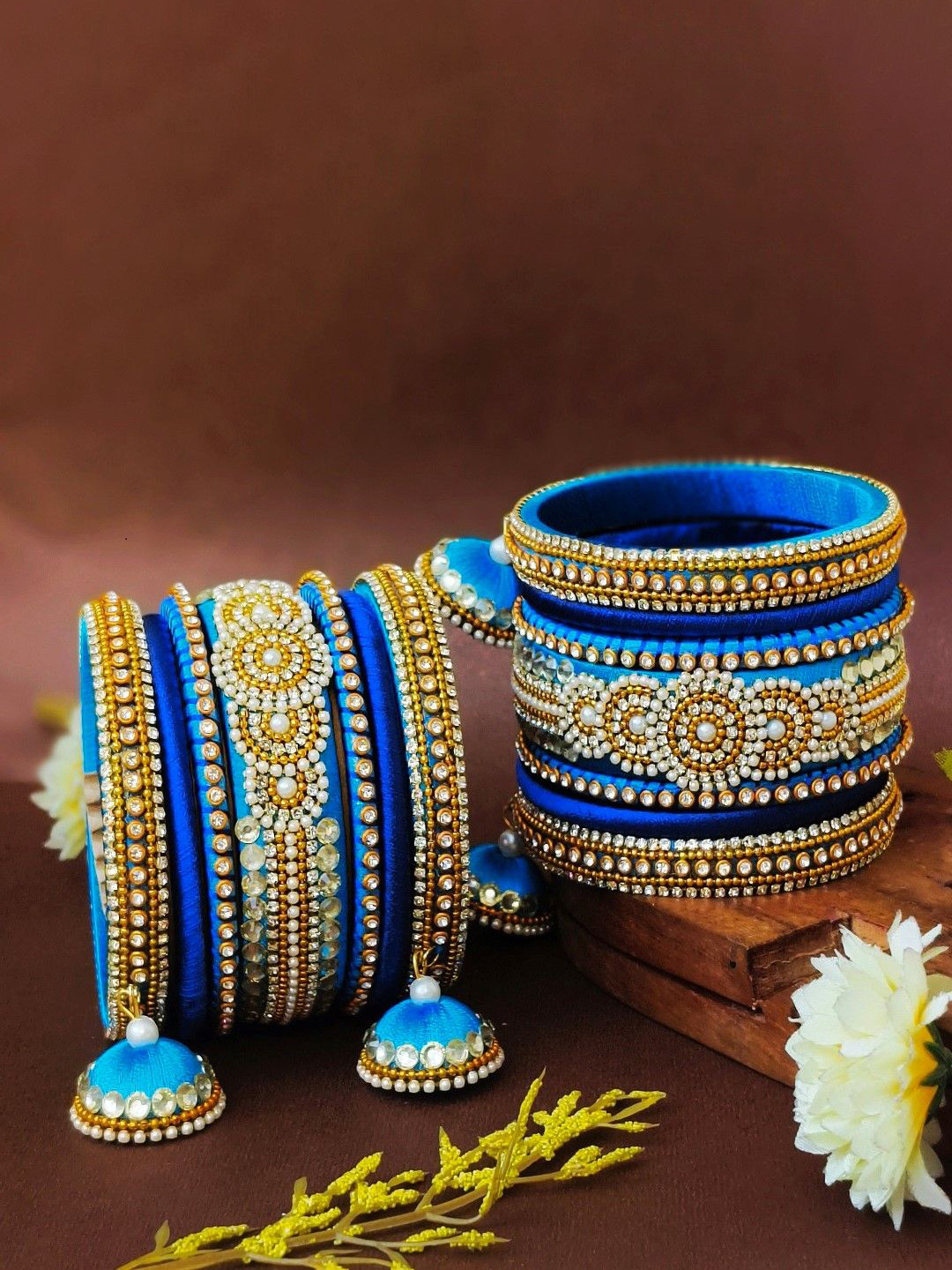 ADVIKA CREATIONS Set Of 2 Stone-Studded & Beaded Silk Thread Bangles