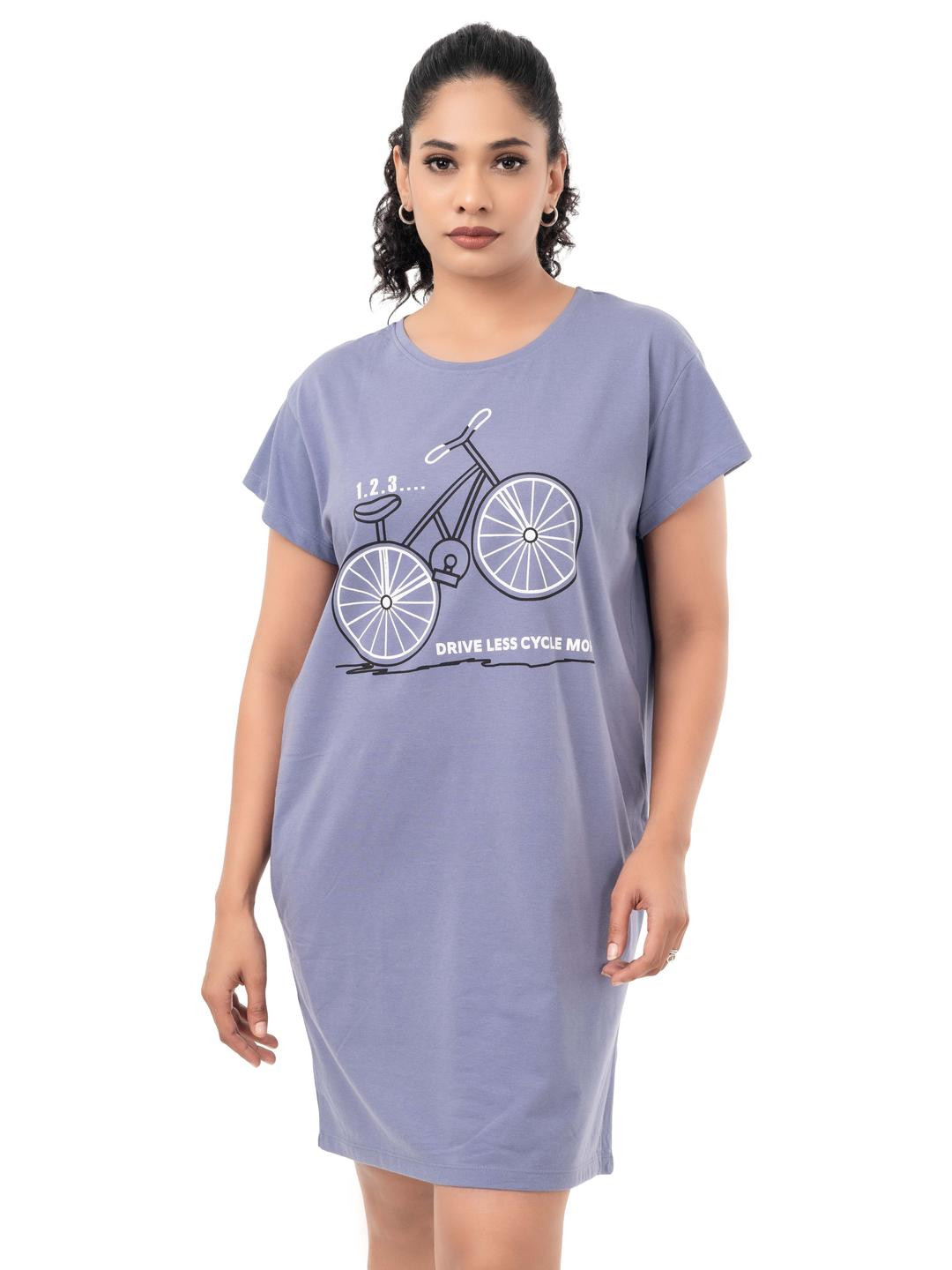 Digsel Cool Cotton Women Blue Printed Pure Cotton Knee Length Nightdress