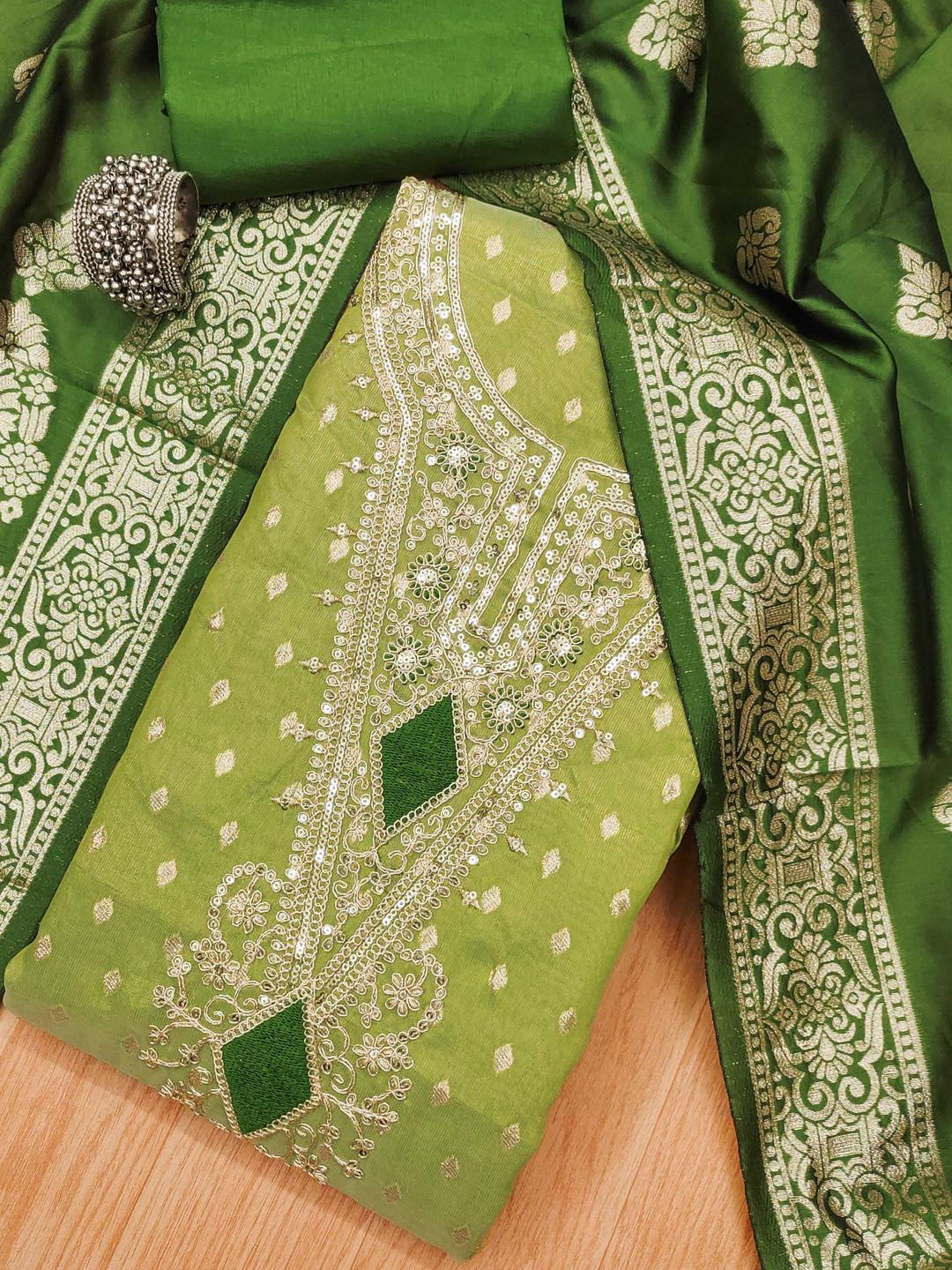KALINI Women Lime Green Embroidered Organza Unstitched Dress Material