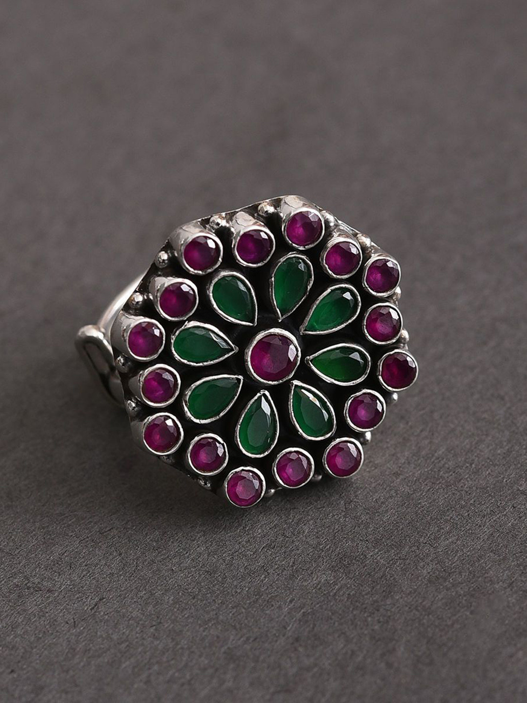JAYPORE Silver-Plated Cubic Zirconia Studded Silver Adjustable Finger Ring