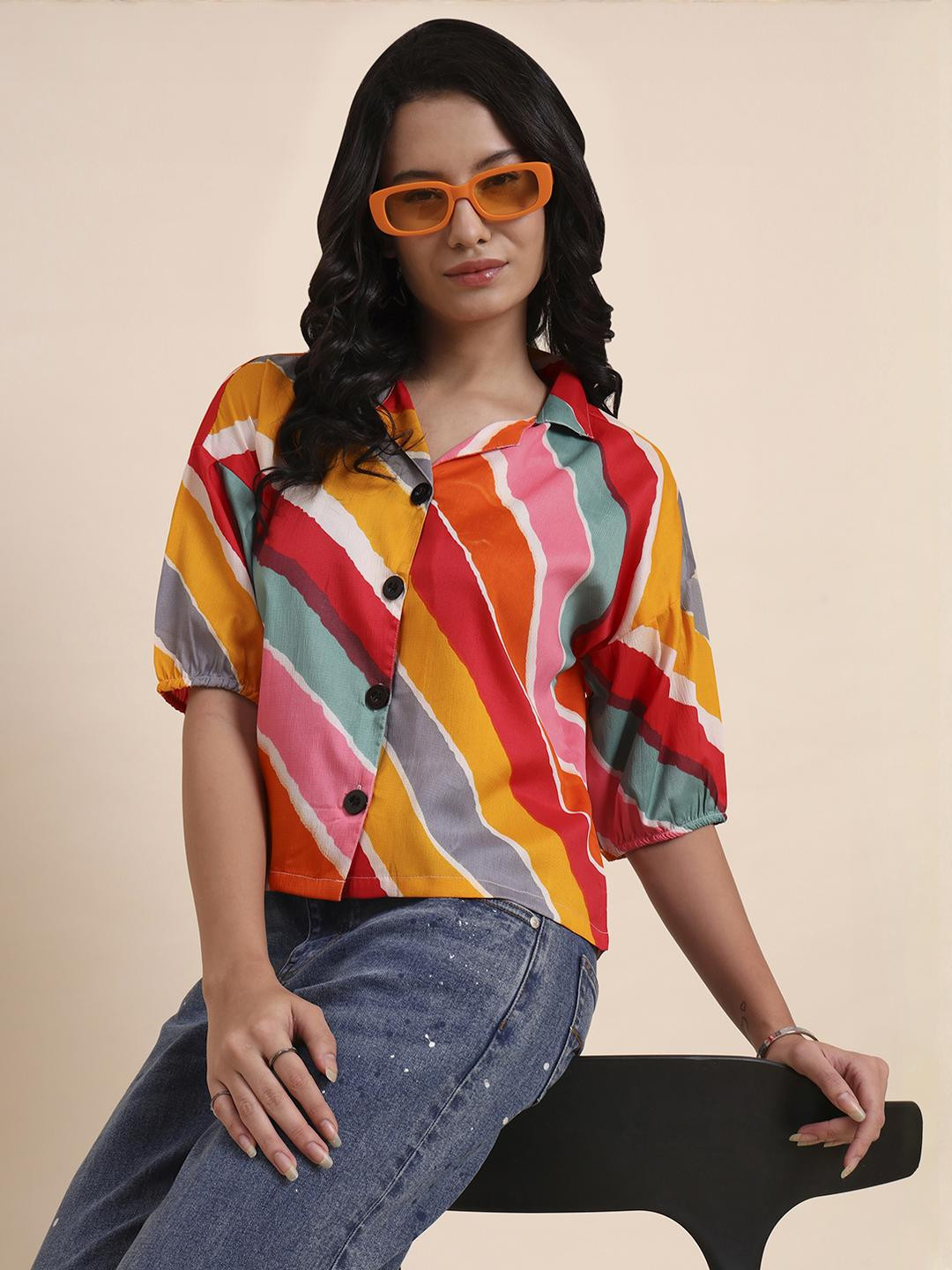DressBerry Women Multi Colored Striped Printed Casual Shirt