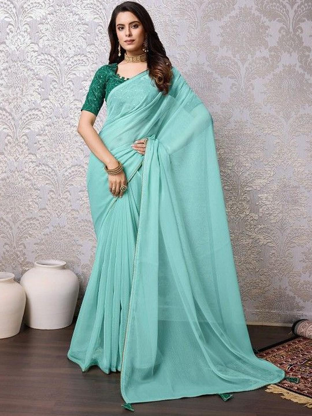 KARAGIRI Blue Chiffon Saree With Blouse Piece