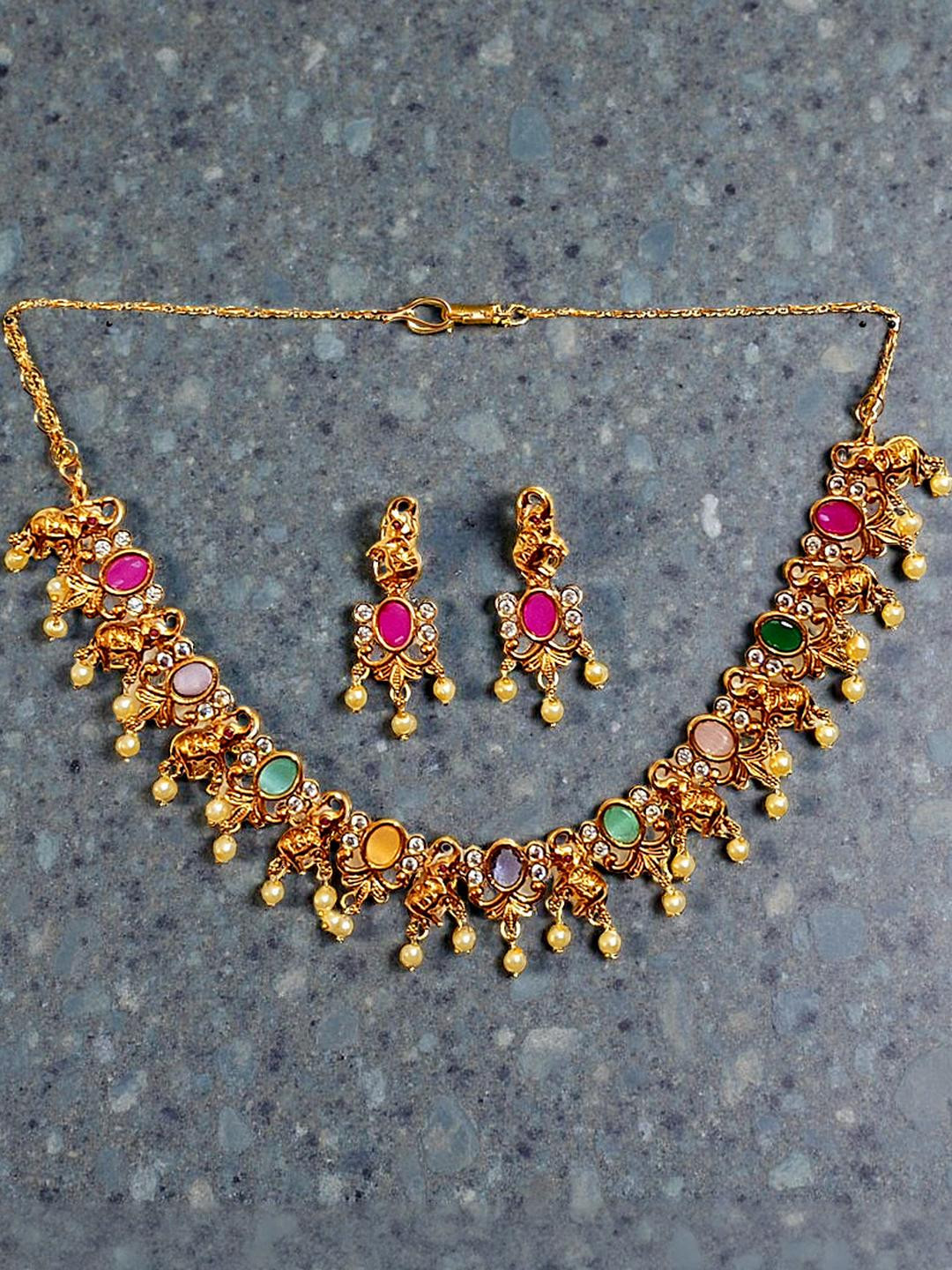 BlingNation Women Multicolor Gold-Toned AD Navratna Necklace & Earrings Set