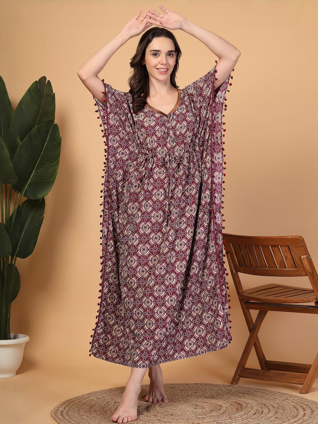 KLOTTHE Women Red Floral Cotton Blend Kaftan Maxi Nightdress