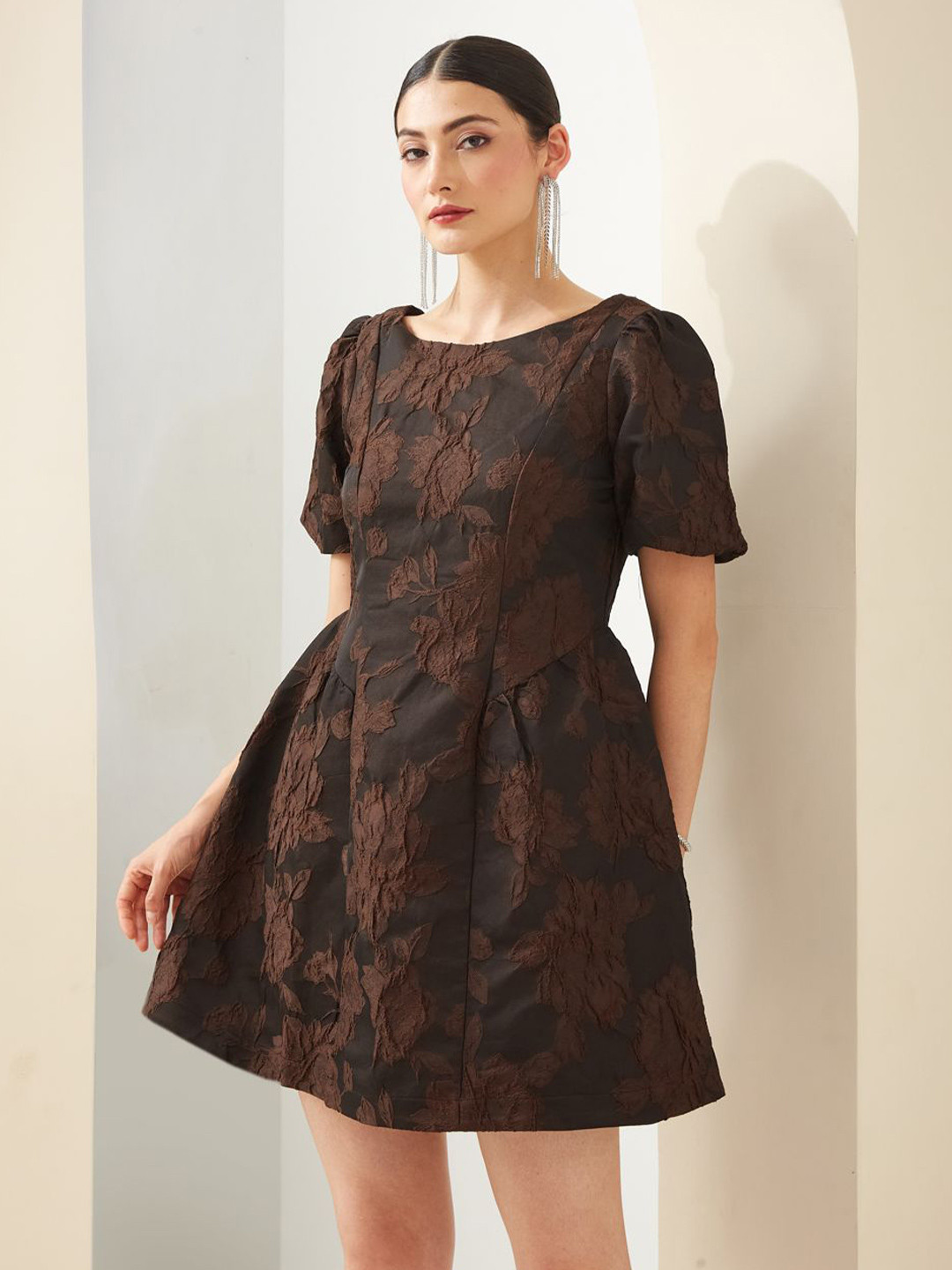 Latin Quarters Boat Neck Short Sleeves Fit & Flare Mini Dress