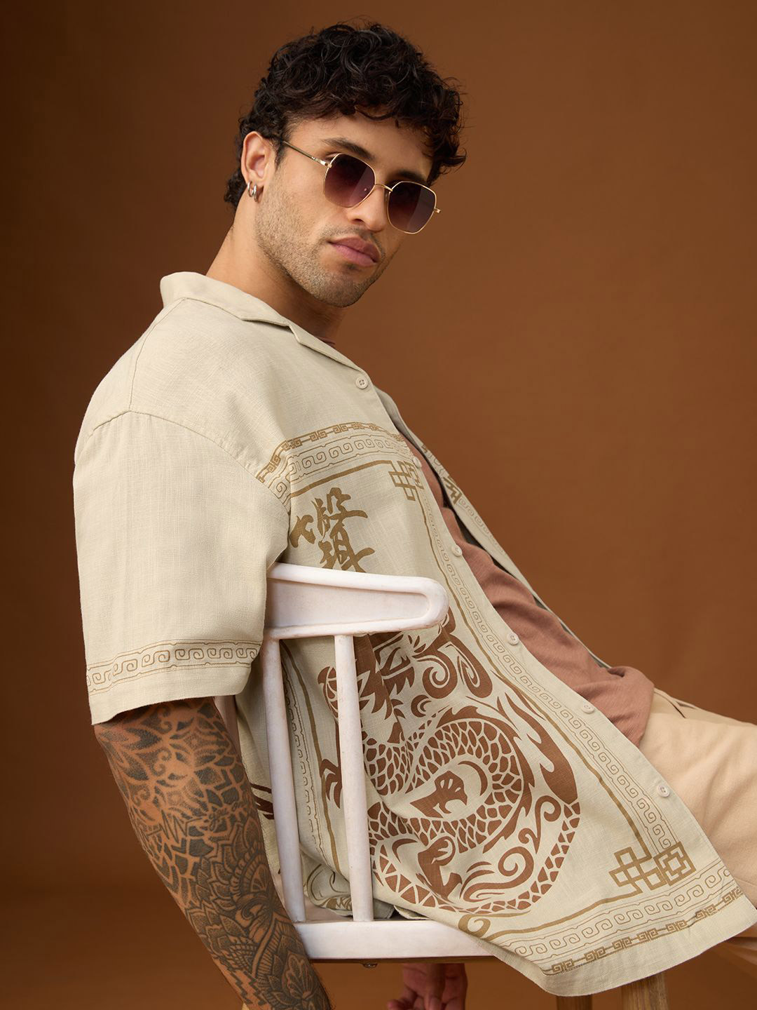 The Souled Store Men Kung Fu Panda Peace Printed Beige Oversized Holiday Shirts