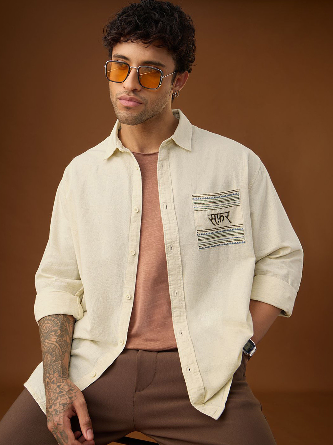 The Souled Store Oversized Safar Embroidered Cotton Linen Casual Shirt