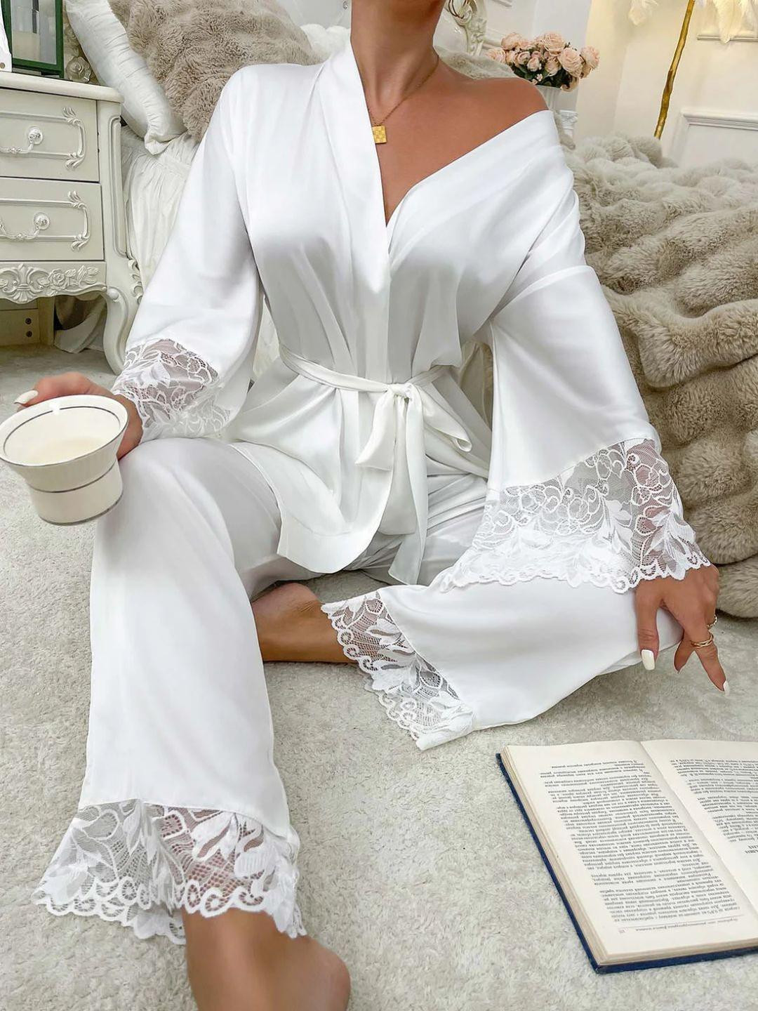 For You For Me Women White Satin Robe And Pyjamas With Lace Detailing Night Suit Set