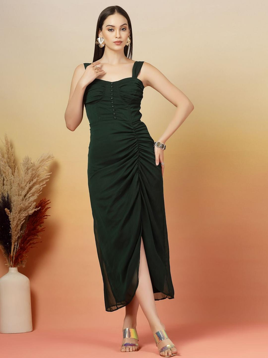 aayu Chiffon Women Shoulder Straps Sleeveless Slits Bodycon Midi Dress
